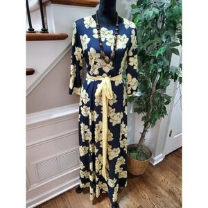 Aooksmery Women Blue Floral Cotton Round Neck Long Sleeve Maxi Dress Size Large
